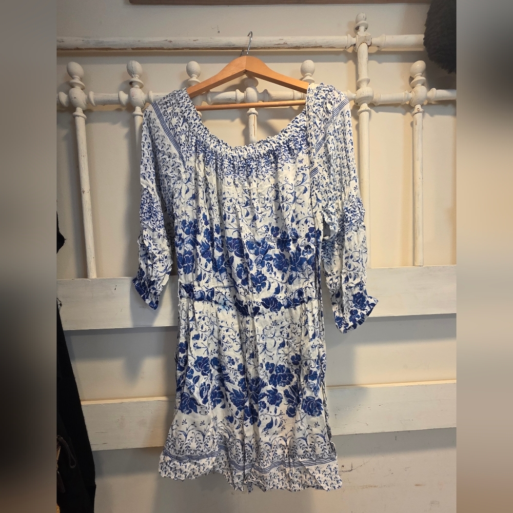 ANTHROPOLOGIE Clemente Floral Blue and White Off-Shoulder Dress Romper - Picture 3 of 5